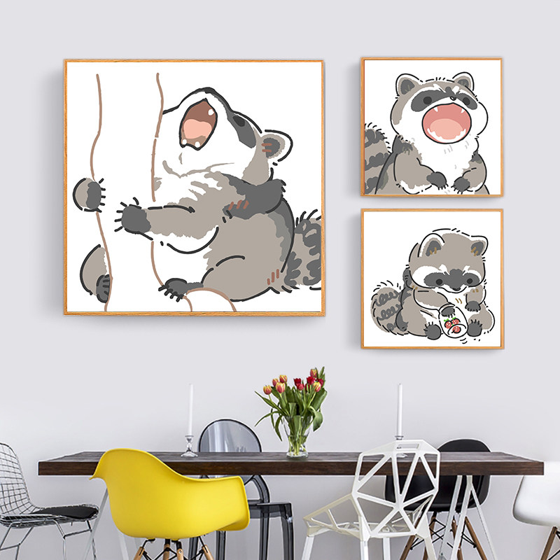 画画diy数字油画可爱动物小浣熊儿童手工填色涂色手绘油彩丙烯画