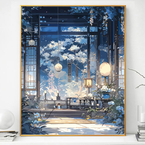 古风亭阁画画diy数字油画填充填色画2024新款手绘油彩画手工涂色