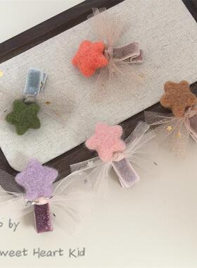 韩版儿童宝宝毛毡五角星包丝绒发夹多色双插夹