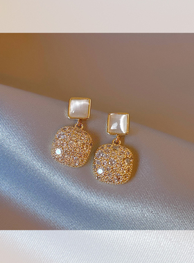 方形猫眼石925银针耳钉新款推荐碎钻微镶高级感时尚精致小巧耳饰