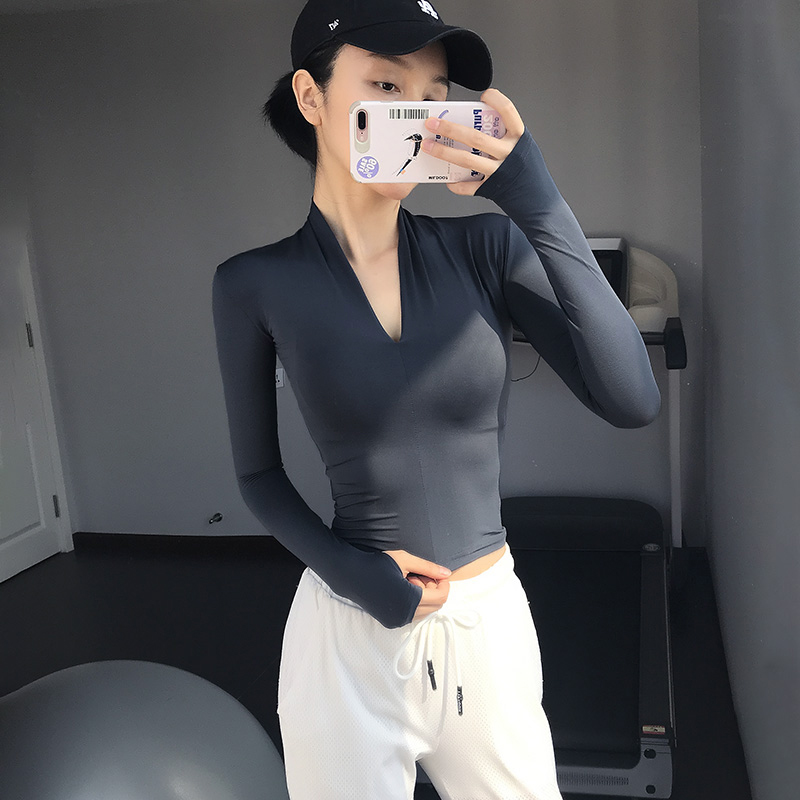 性感V领气质瑜伽服上衣女弹力紧身显瘦健身T恤透气跑步运动长袖新