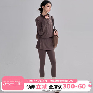 秋冬瑜伽服套装女假两件收腰显瘦运动长裤宽松休闲半拉链健身长袖