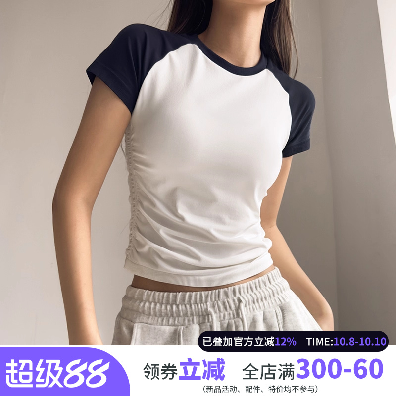 褶皱运动短袖夏季薄款拼色跑步健身上衣女弹力紧身瑜伽服休闲t恤