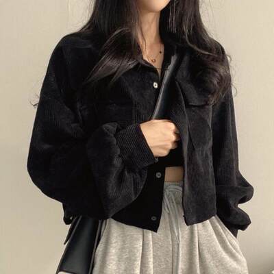 Deeptown Corduroy Vintage Oversized Crop Womens Jacket Blac