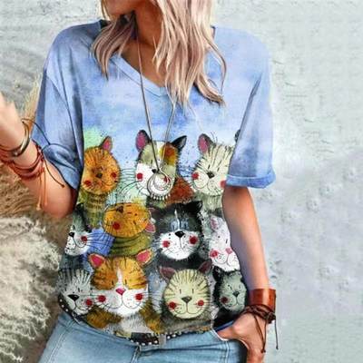 Retro Womens T Shirt Anime Cat Graphic Girl Clothes Summer