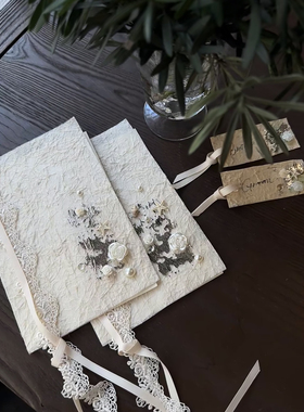 Wedding 原创东巴纸誓言卡婚礼誓词本极简白色系蕾丝边宣誓本定制