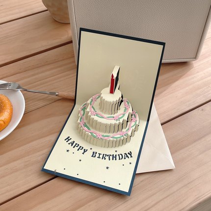 高档生日快乐蛋糕立体卡片 少女复古生日贺卡商务3D创意效果卡片