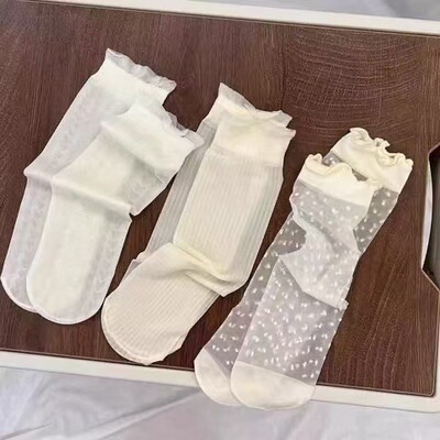 夏季冰丝洛丽塔花边波点堆堆袜