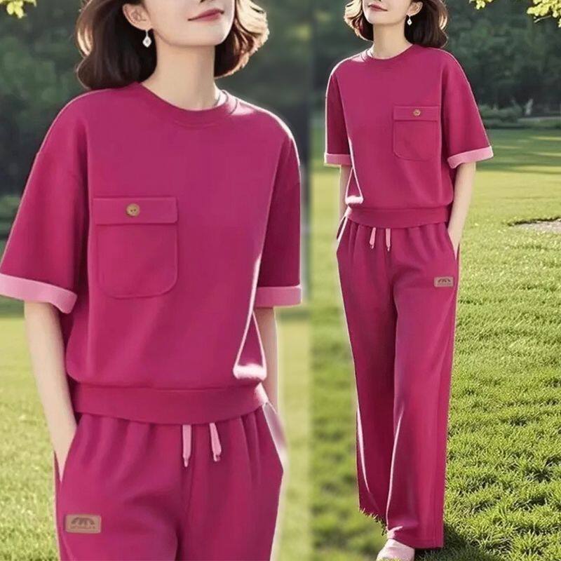 纯色简约圆领短袖休闲运动套装女夏季新款时尚宽松显瘦长裤两件套