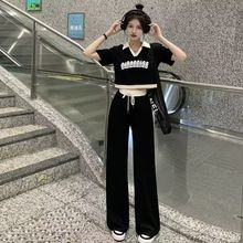 休闲时尚套装女夏季新款显瘦polo领短袖阔腿直筒运动长裤两件套潮