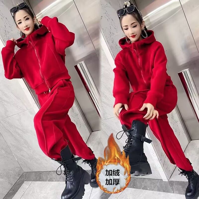 加绒加厚冬季新款连帽卫衣外套休闲时尚宽松显瘦气质高档两件套女