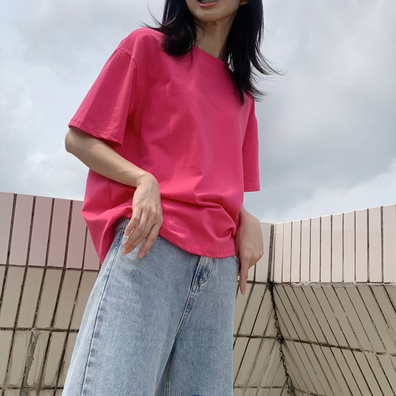 玫红色t恤女生全棉半袖上衣ins韩版显瘦遮肉宽松短袖棉质纯色短袖