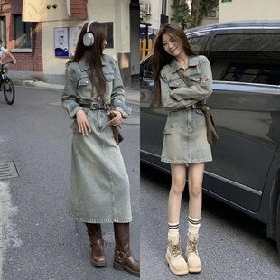连衣裙超仙度假风复古水洗牛仔短裙女秋新款 甜酷辣妹翻领收腰长裙