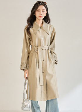 26春季新款高级感斜纹皮革雅丹风翻领通勤简约长款收腰风衣18492