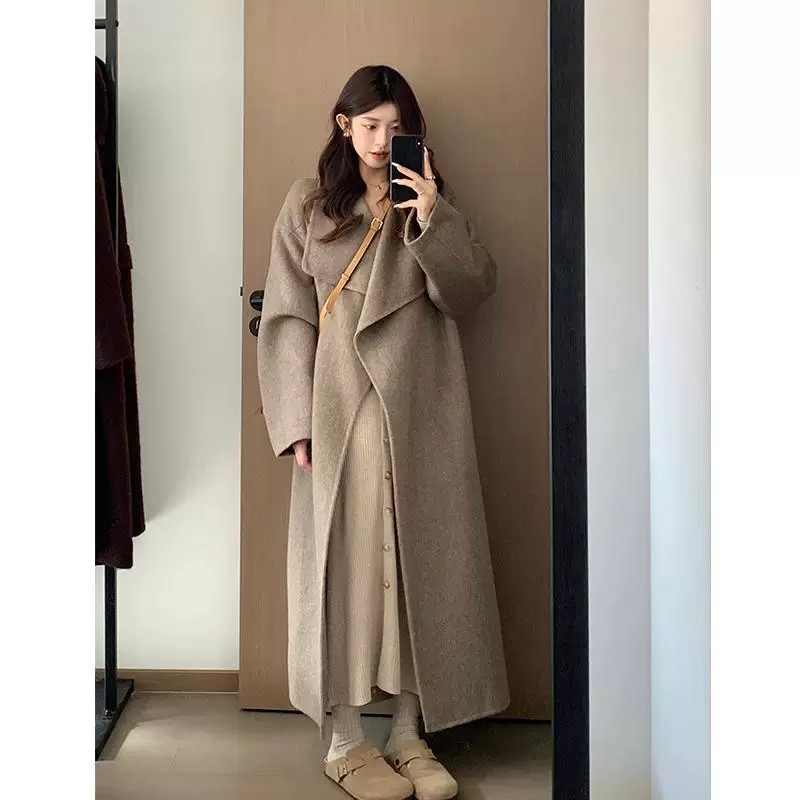 双面呢大翻领羊绒大衣女2026秋冬新款高级感中长款咖色羊毛呢外套