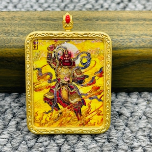 正品洒金纯手绘王灵官唐卡道牌护身符吊坠铜镀金噶乌盒