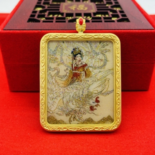 正品洒金纯手绘西王母唐卡道牌护身符吊坠铜镀金噶乌盒