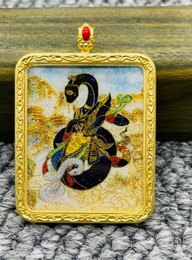正品洒金纯手绘蟒大仙唐卡道牌护身符吊坠铜镀金噶乌盒