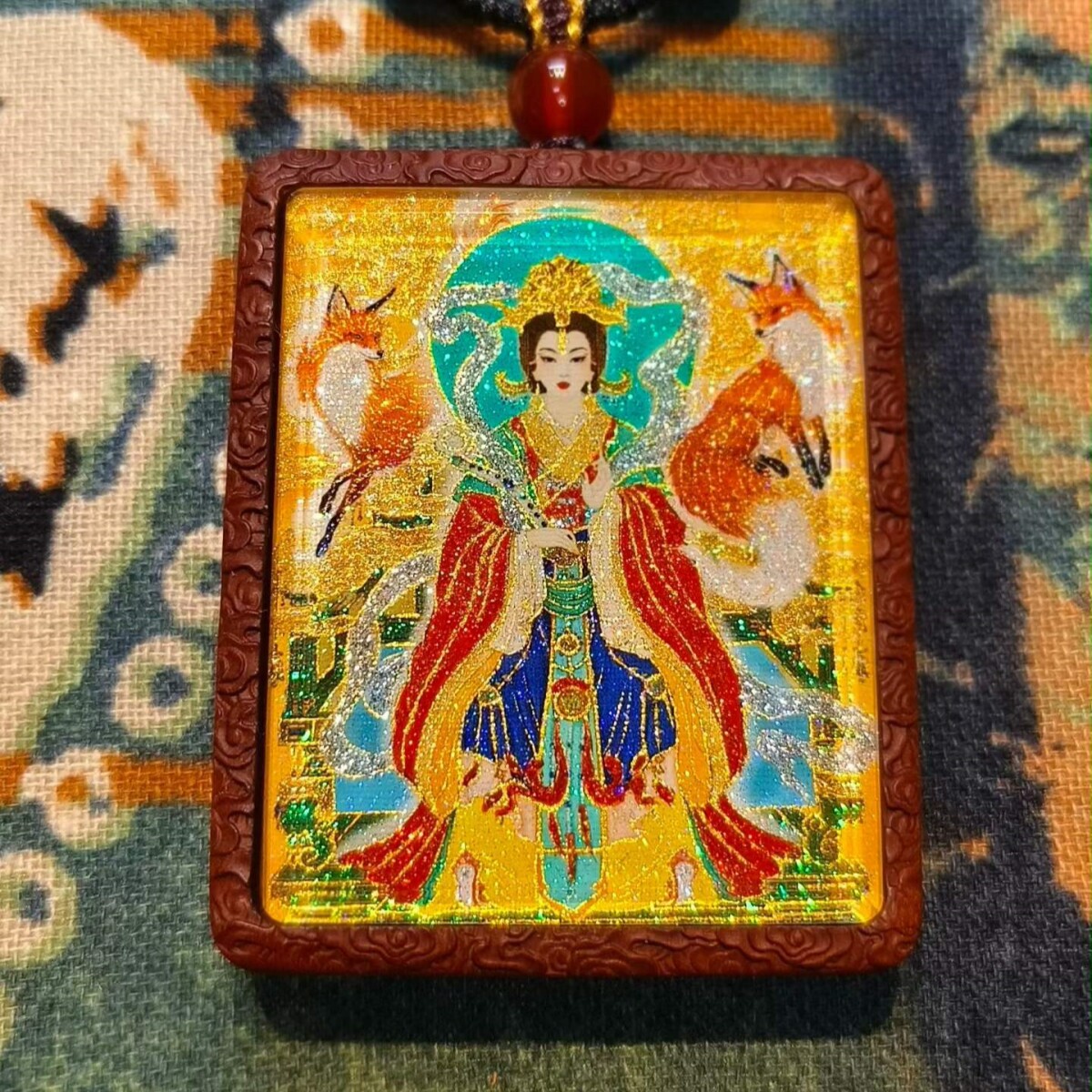 双面洒金手绘美女狐狸+纯手绘讳字枣木唐卡道牌镶银南斗北斗