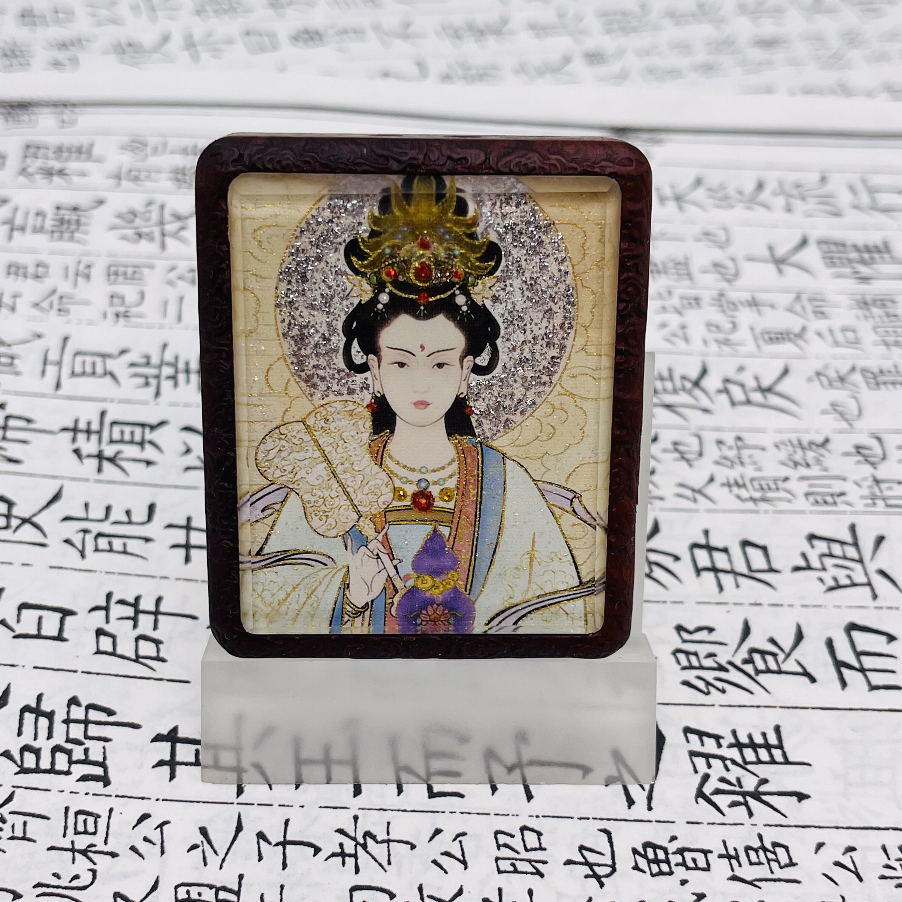 双面洒金手绘美女狐狸+洒金手绘狐狸枣木唐卡道牌镶银北斗