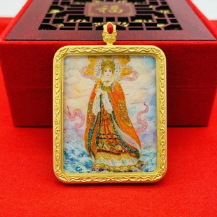 正品洒金纯手绘海神妈祖唐卡道牌护身符吊坠铜镀金噶乌盒