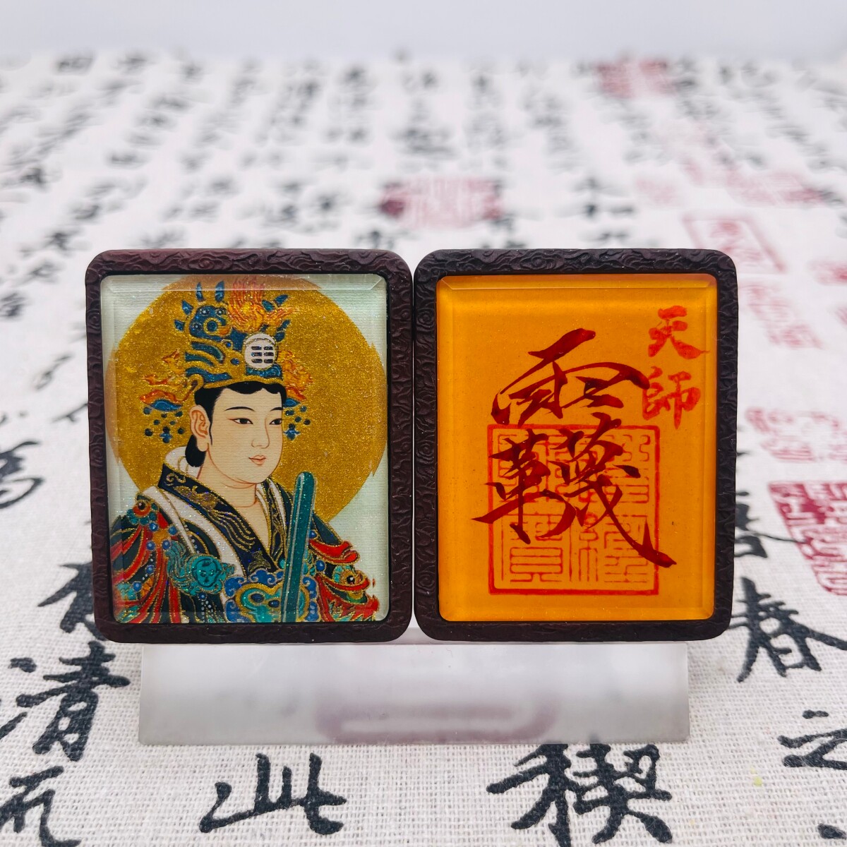双面洒金手绘西王母+纯手绘讳字枣木唐卡道牌吊坠镶银南斗北斗