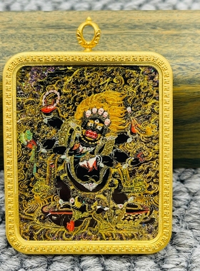 正品洒金纯手绘六臂黑玛哈嘎拉唐卡佛牌护身符吊坠牌铜镀金噶乌盒
