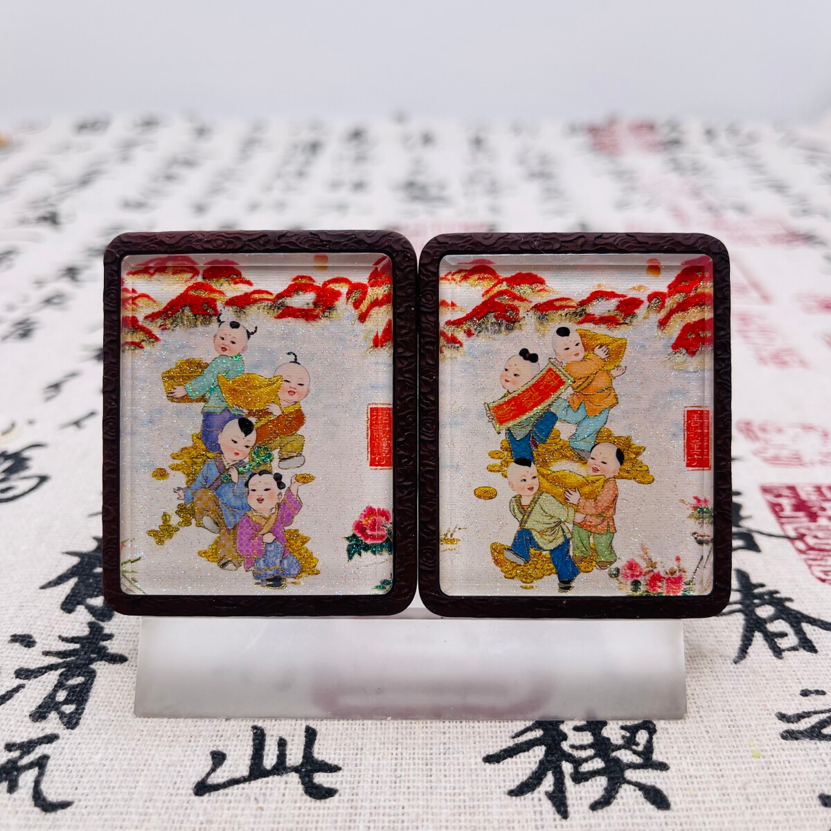双面洒金手绘招财童子+善财童子枣木唐卡道牌吊坠镶银南斗北斗