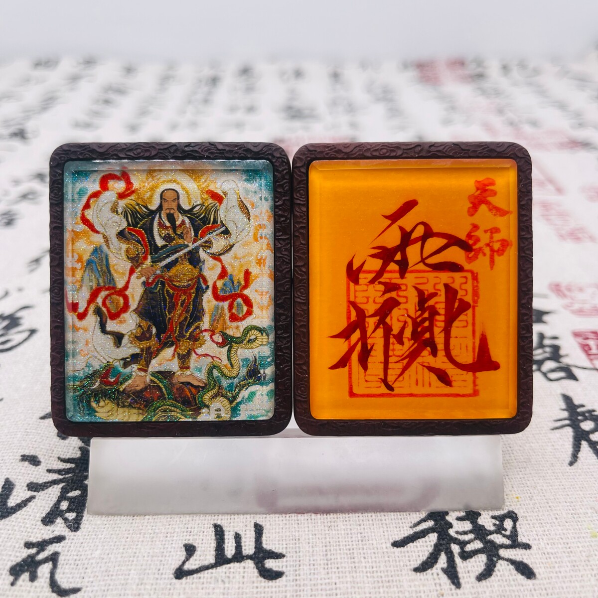 双面洒金手绘真武大帝+纯手绘讳字枣木唐卡道牌吊坠镶银南斗北斗