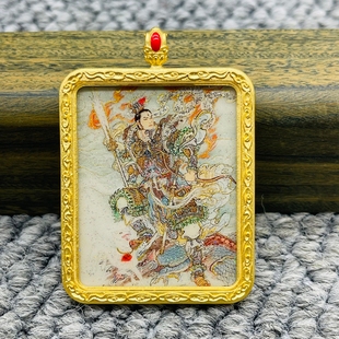 正品洒金纯手绘二郎真君杨戬唐卡道牌护身符吊坠铜镀金噶乌盒