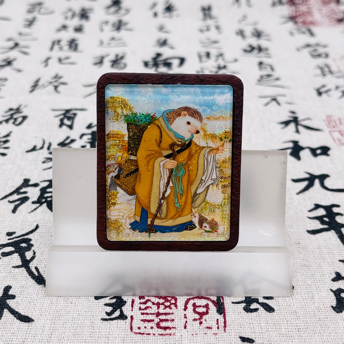 双面洒金手绘白大仙+纯手绘五雷枣木唐卡道牌吊坠镶银南斗北斗