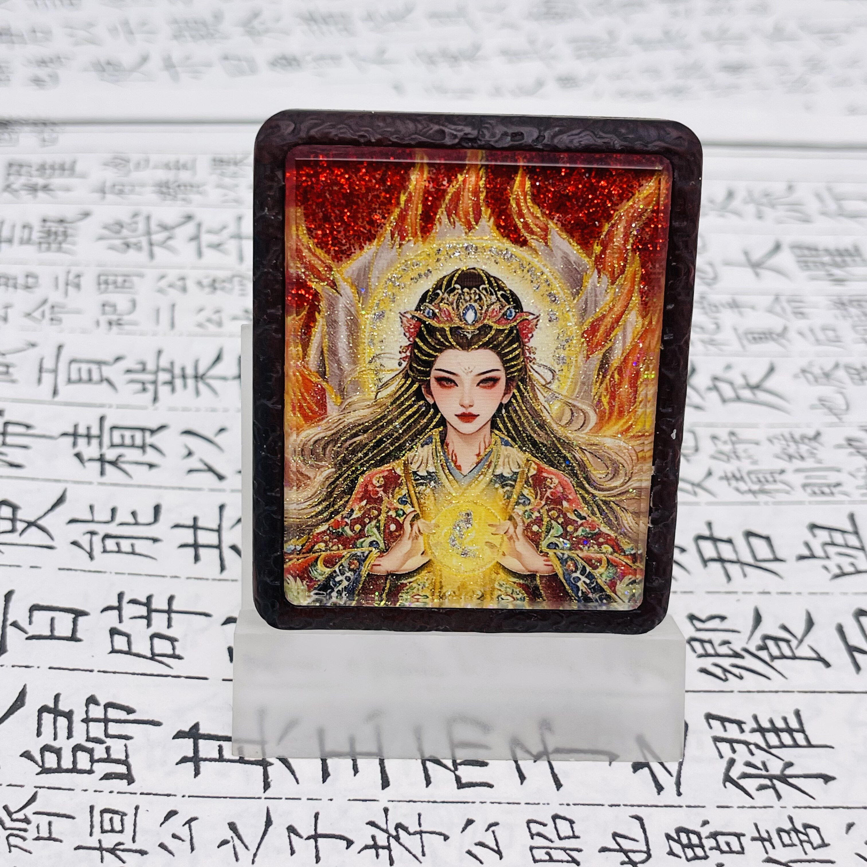 双面洒金手绘美女狐狸+洒金手绘狐狸枣木唐卡道牌镶银南斗北斗