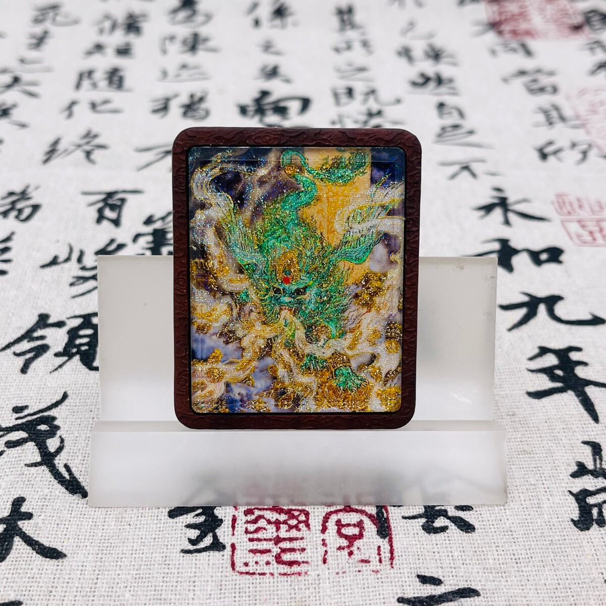 双面洒金手绘貔貅+纯手绘五路枣木唐卡道牌吊坠镶银南斗北斗