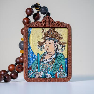 双面纯手绘后土娘娘+纯手绘讳字枣木唐卡道牌镶银北斗