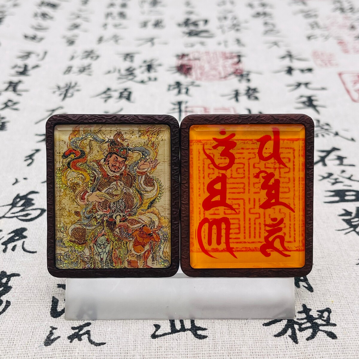 双面洒金手绘广目天王+纯手绘六字真言枣木唐卡佛牌吊坠