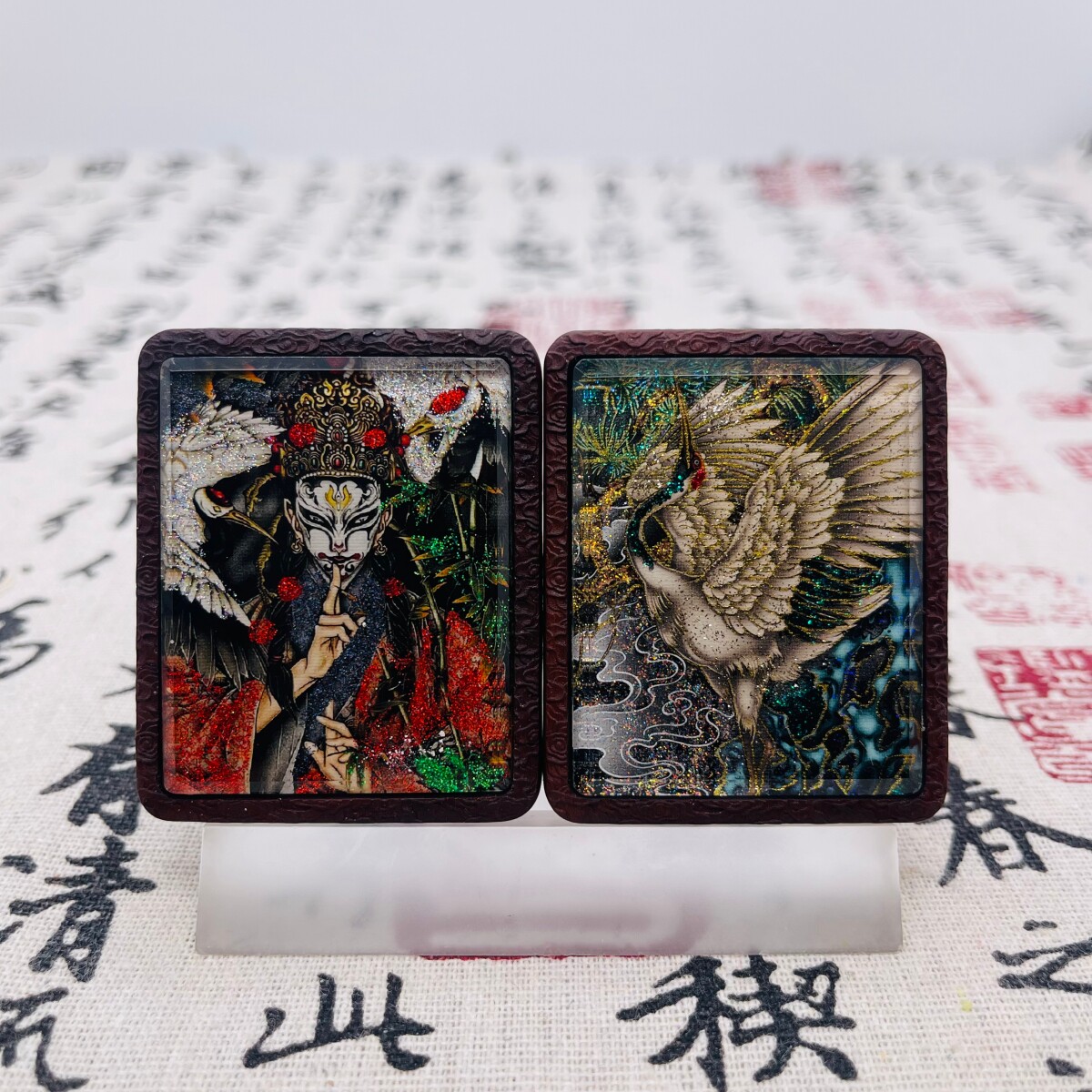 双面洒金手绘白鹤童子+洒金手绘仙鹤枣木唐卡道牌镶银南斗北斗