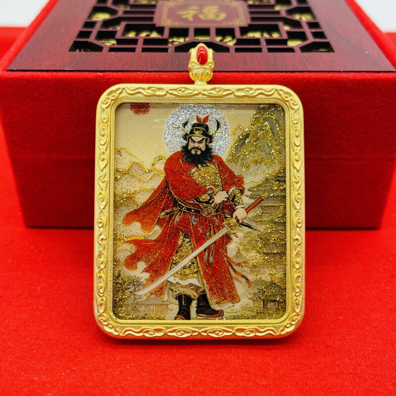 正品洒金手绘天师钟馗唐卡道牌护身符吊坠金色噶乌盒