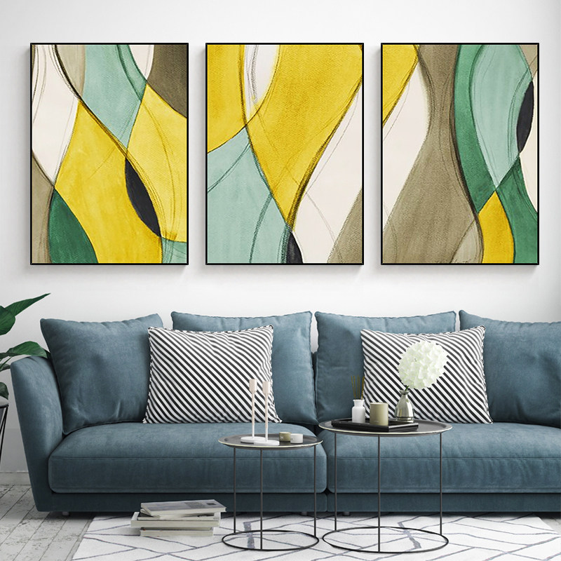 律动之美北欧小清新现代简约抽象手绘三联组合油画客厅沙发装饰画