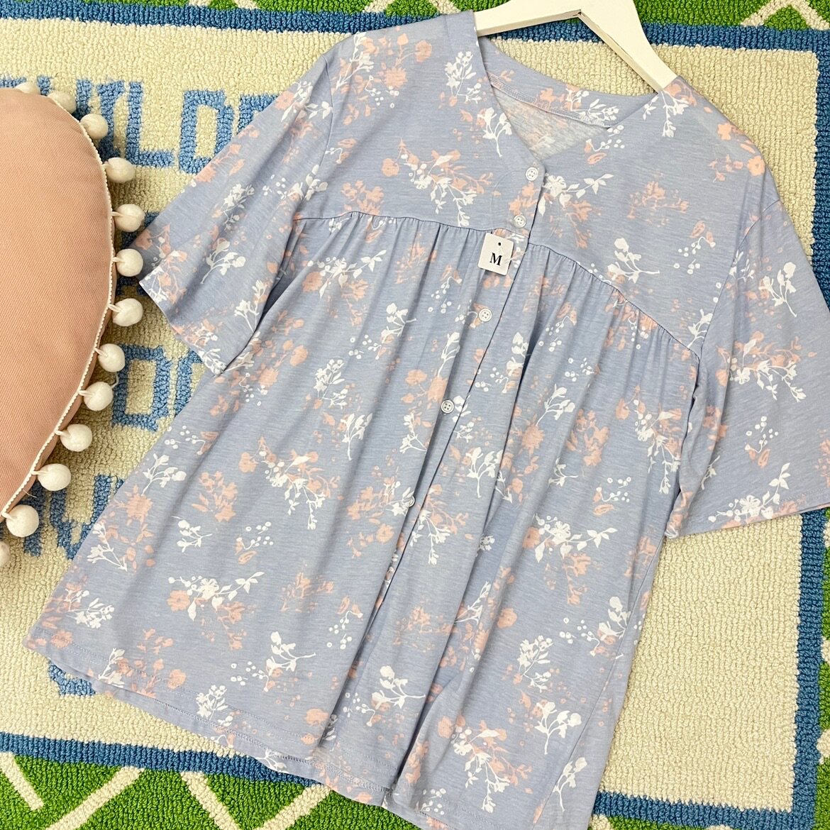 日本 cecile 碎花棉质舒适优雅家居服女款夏季短袖睡衣上衣