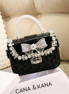 CANA&KANA洋气蝴蝶结珍珠手提褶皱镶钻包包女单肩斜挎2025冬新款
