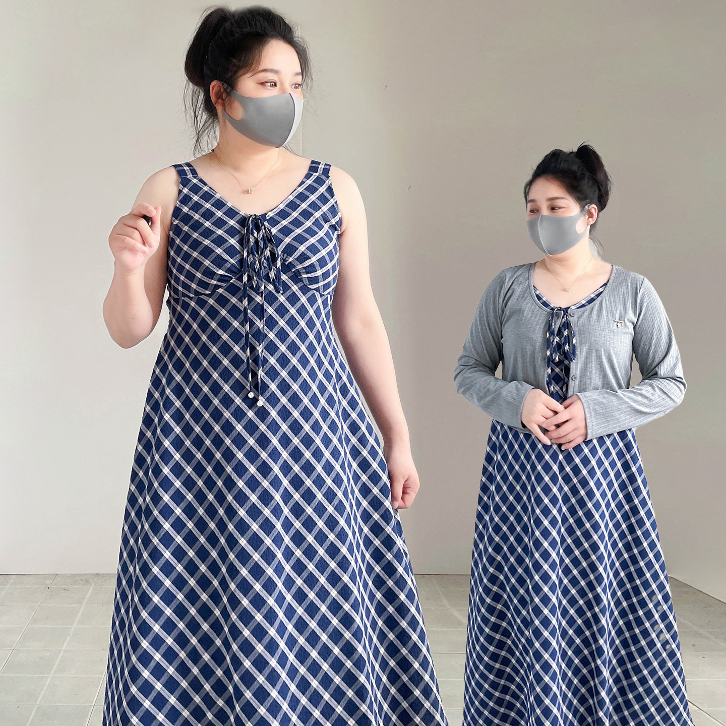 吊带裙大码遮肚200斤格子连衣裙