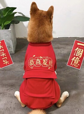 柴犬冬款新年红色喜庆衣服加绒柯基小型中型犬过年装泰迪犬拜年服