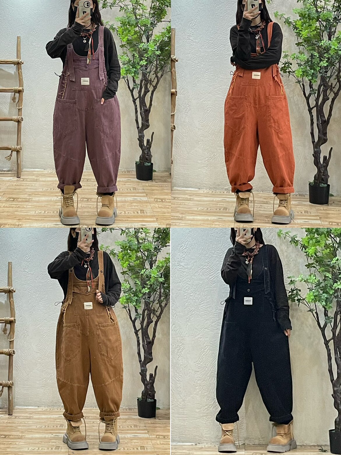 个性复古纯色牛仔背带裤女2024秋季新款宽松大码洋气哈伦连体裤潮