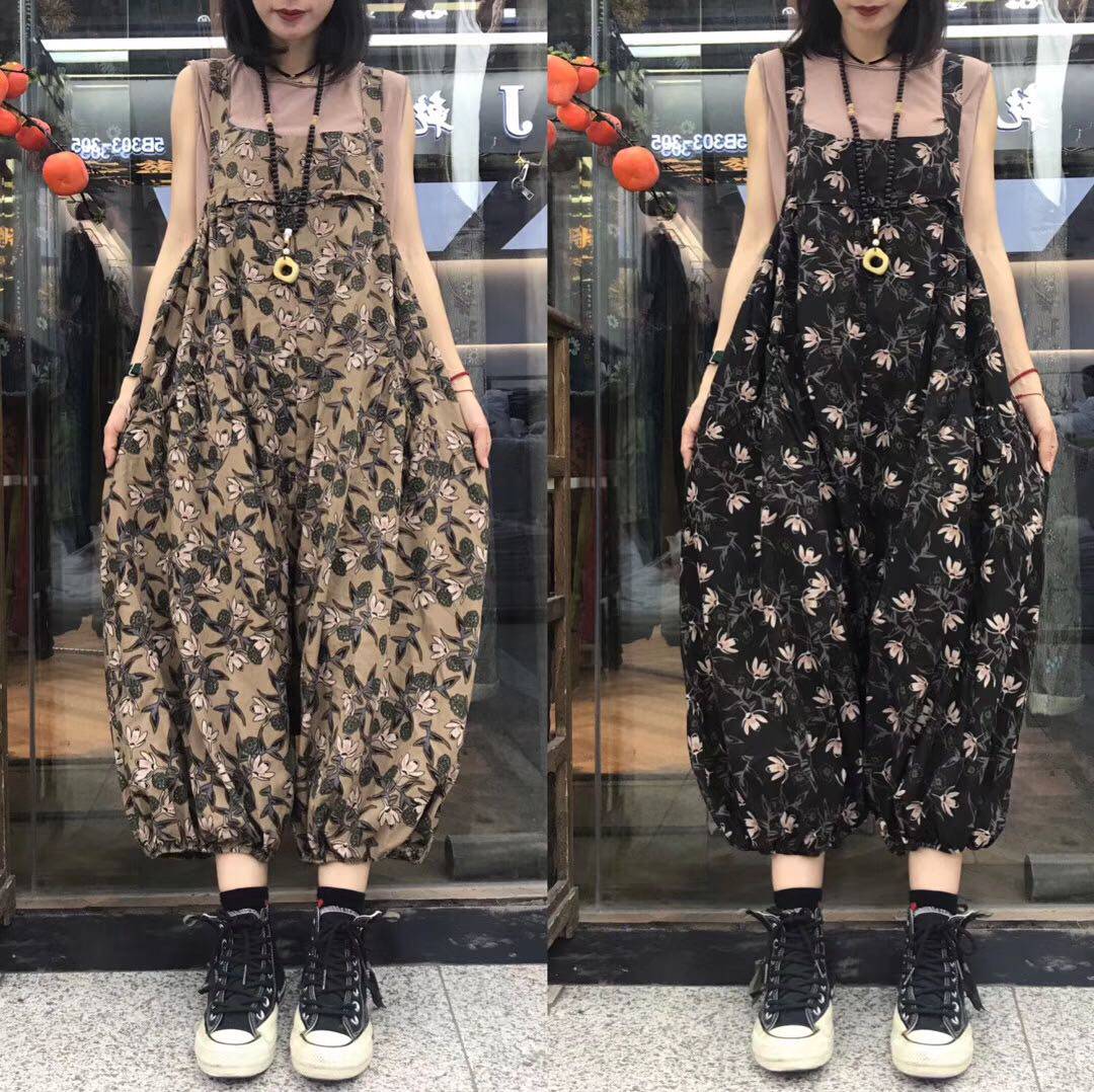 花色森系大码背带裤女吊裆裤长裤
