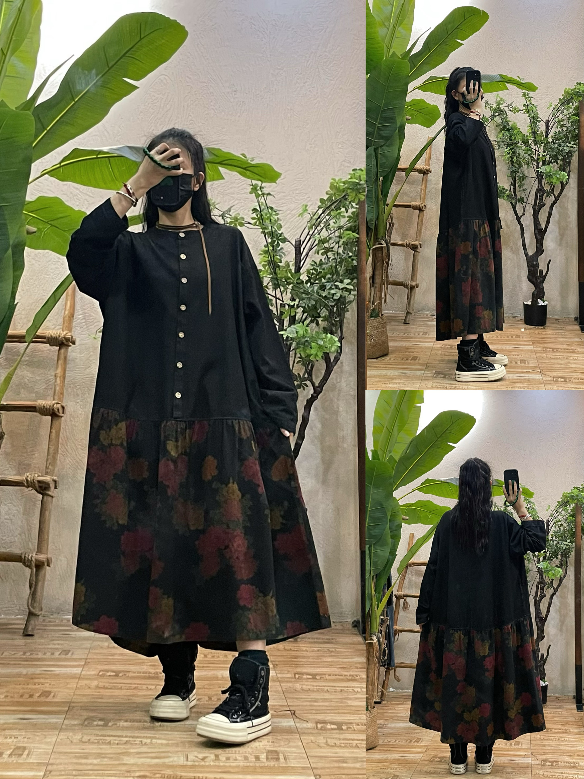 原创/复古拼接牛仔连衣裙女 秋季新款宽松显瘦气质印花中长款裙子