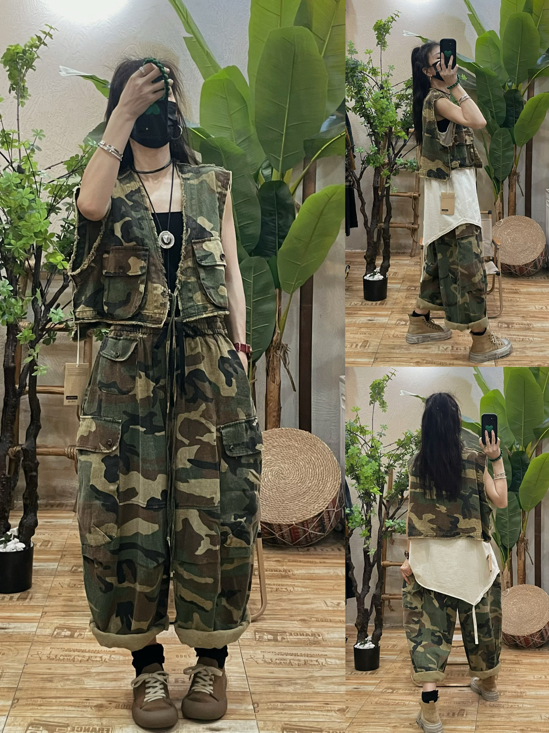 潮酷迷彩牛仔马甲工装裤套装女 2025夏季新款宽松个性休闲两件套