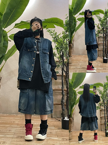 做旧复古牛仔短款马夹/七分工装阔腿裤女 春秋新款休闲个性套装
