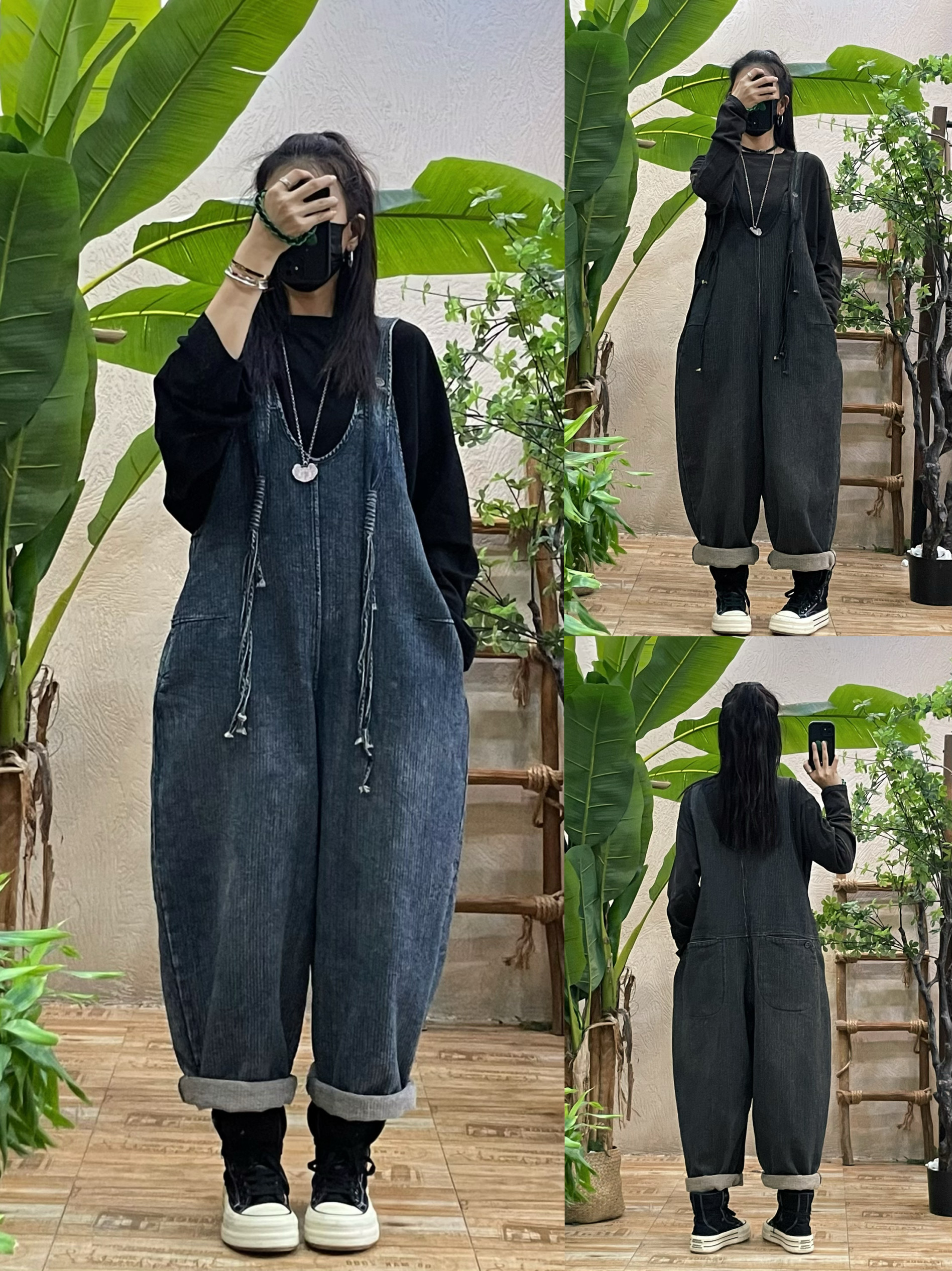 复古文艺休闲牛仔背带裤女 2025秋季新款宽松显瘦慵懒背带阔腿裤