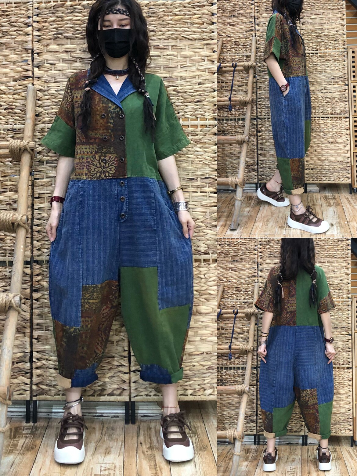 棉麻拼色西装领连体裤女 2022年夏季宽松印花个性设计哈伦连衣裤
