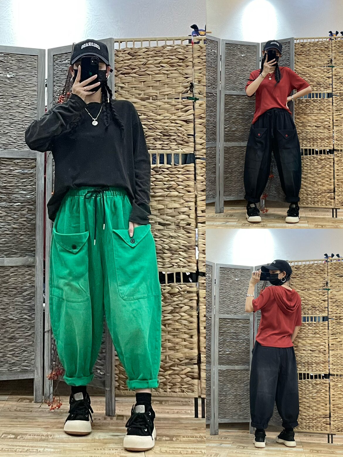 大口袋工装牛仔裤女 春季新款韩版时尚磨白九分哈伦裤宽松休闲裤